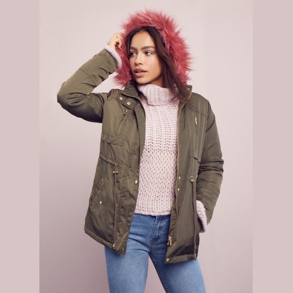 Green Anorak Coat With Fur Hood 